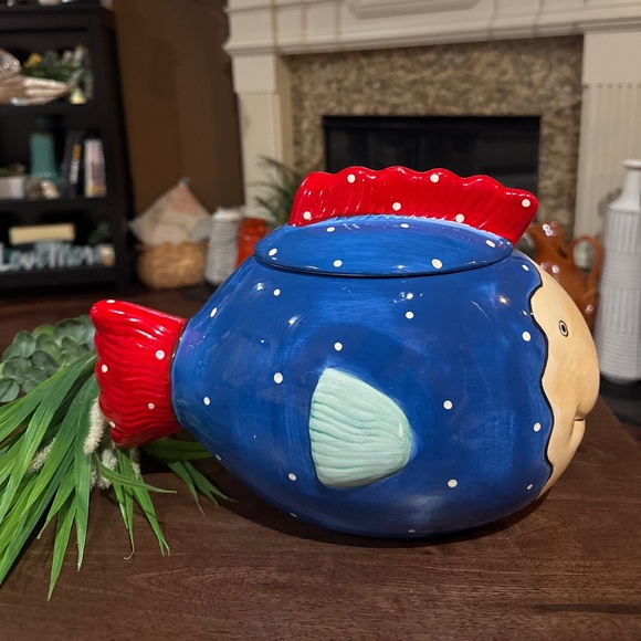 Large 12" Fish Design Cookie Jar by Coco Dowley w/ Lid Ceramic Blue Colorful - Picture 1 of 8